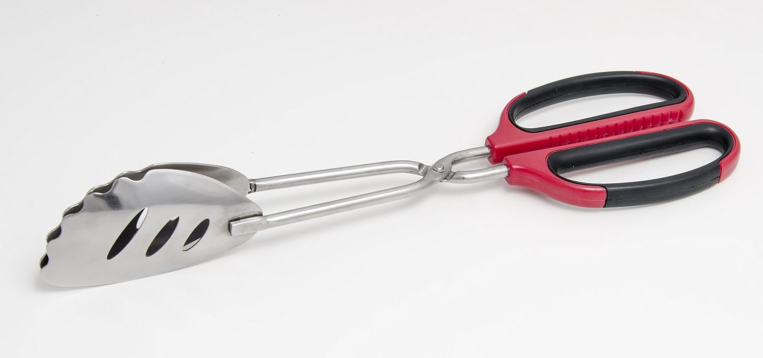 Grilling tongs-scissors tool with red and black handle shown from top angle.