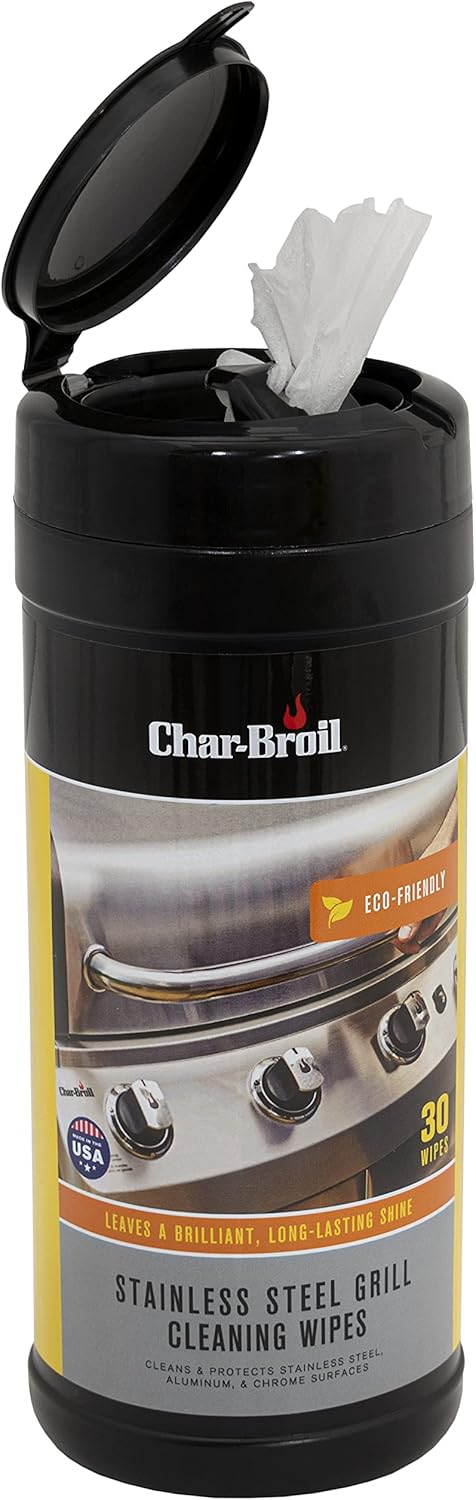 Open Char-Broil grill wipe container with hand pulling out a cleaning wipe.