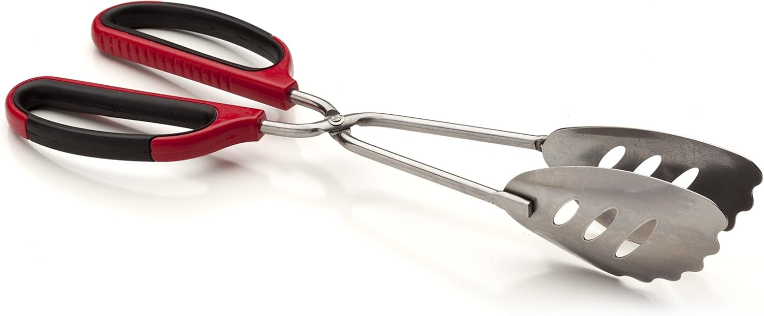 Side view of grilling tongs-scissors tool with stainless steel gripping ends.