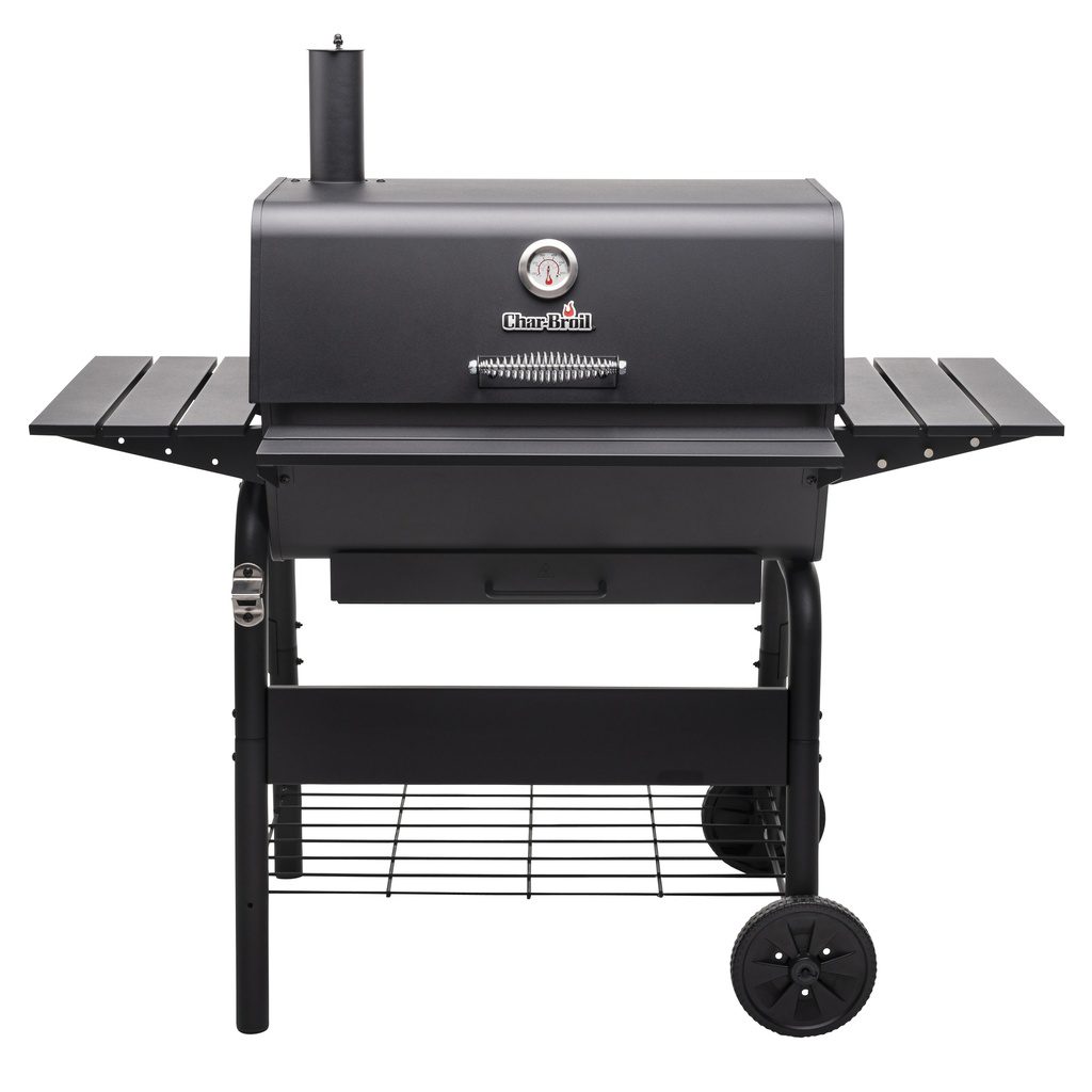 Char-Broil large charcoal grill with thermometer and side shelves