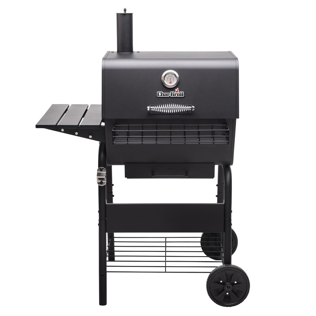 Char-Broil medium charcoal grill with thermometer and side shelves