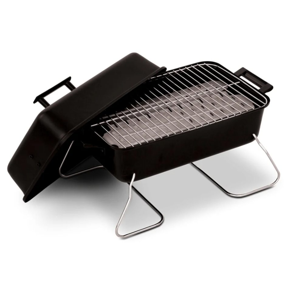 Portable charcoal grill with lid open, showing chrome-plated grates and foldable legs.