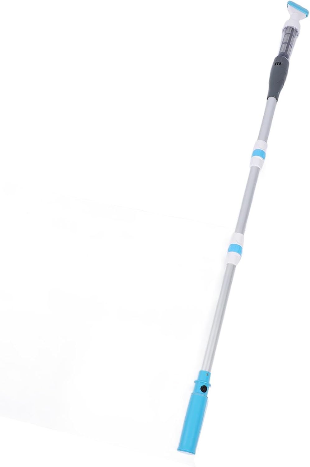 Telescopic pool pole with black grip shown from angled view.