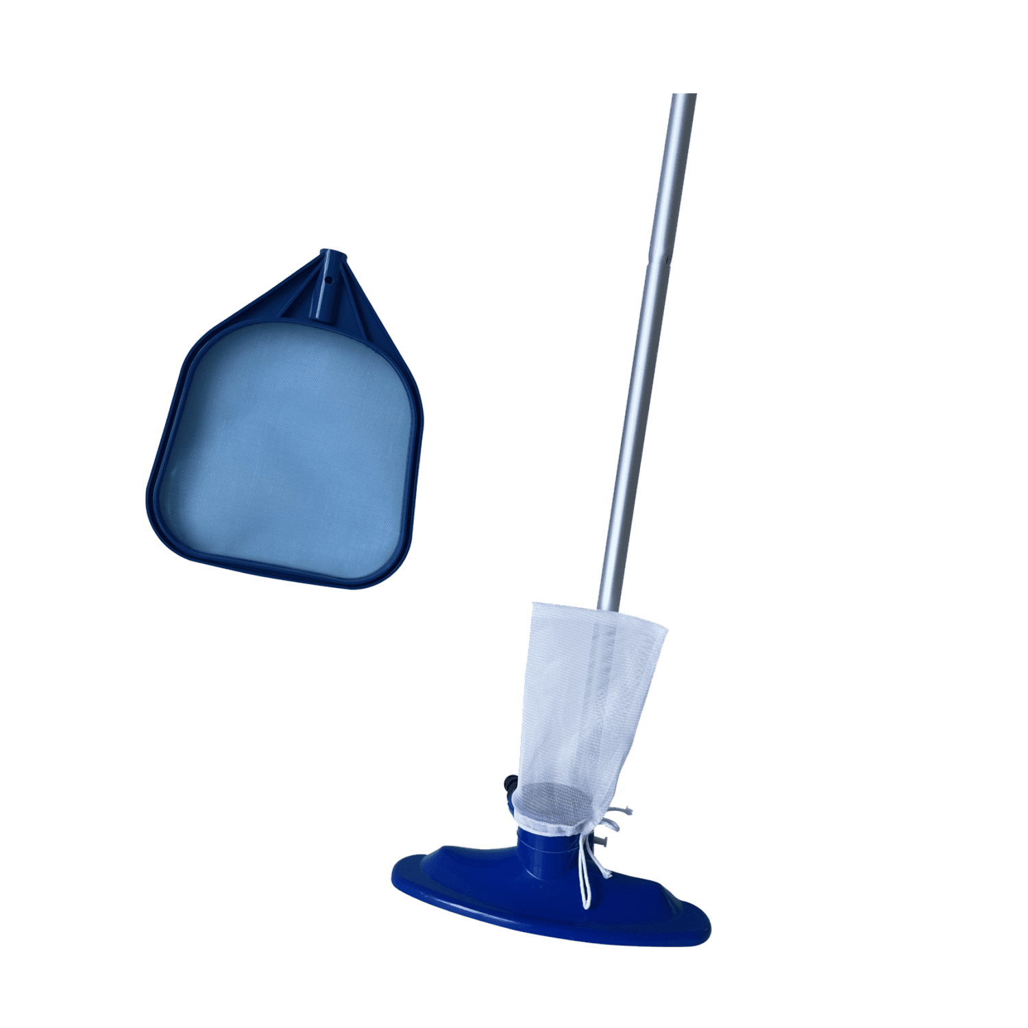 Blue pool skimmer net with fine mesh shown on white background.