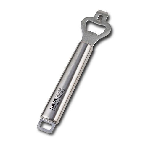 Stainless steel bottle opener with simple, minimalist design on white background.