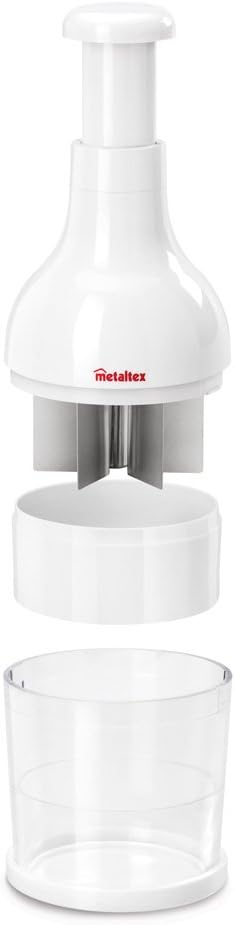 White manual food chopper with multiple internal blades.