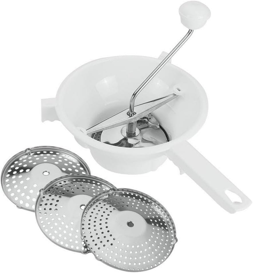 White food mill with hand crank and three metal discs displayed on white background.
