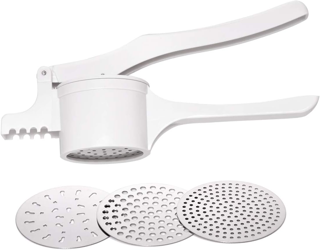 Potato ricer with interchangeable discs displayed on kitchen counter.