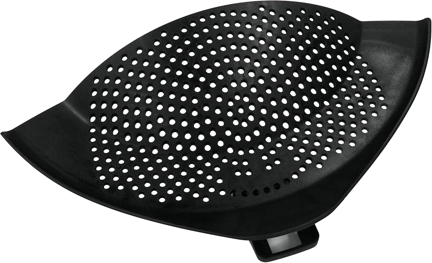 Close‑up of black silicone pot strainer showing perforated surface and curved shape.