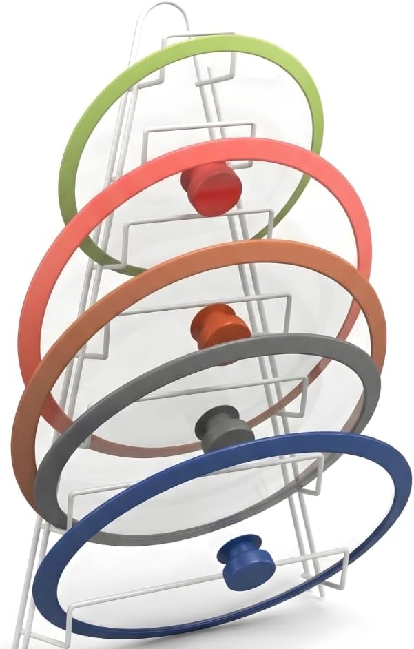 Vertical pot lid holder organizing lids in cabinet