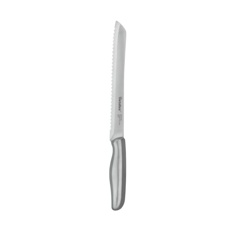 Serrated bread knife slicing fresh loaf evenly