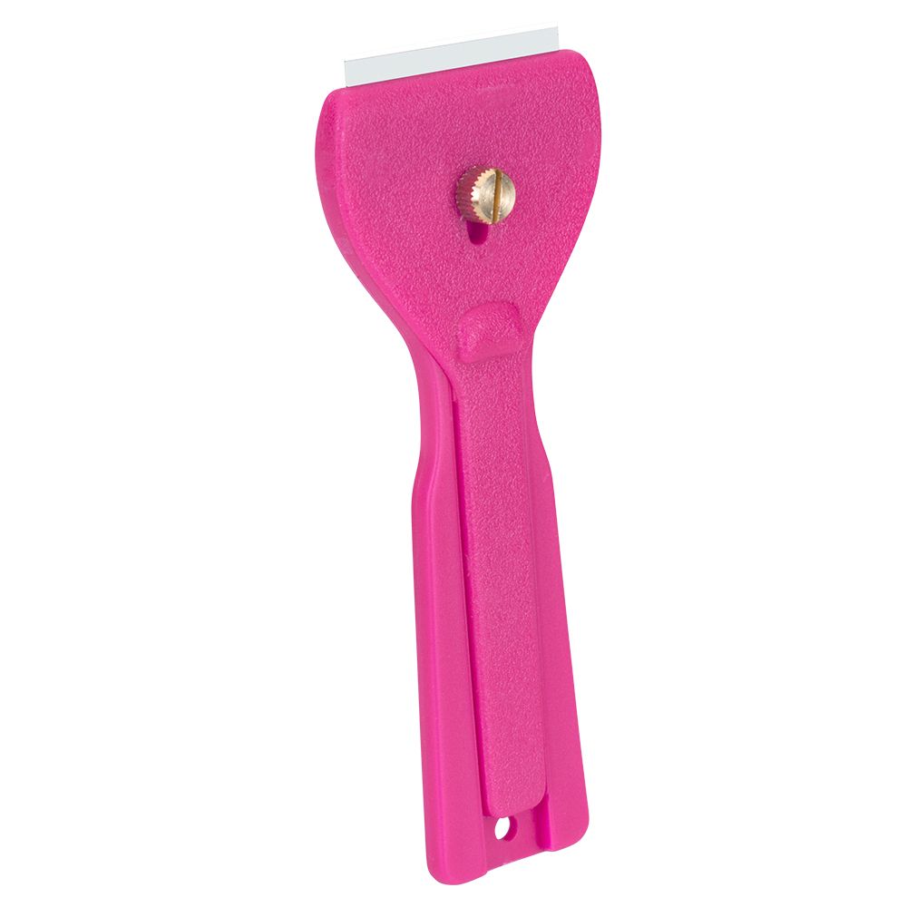 Pink handheld scraper with wide flat blade and ergonomic handle.