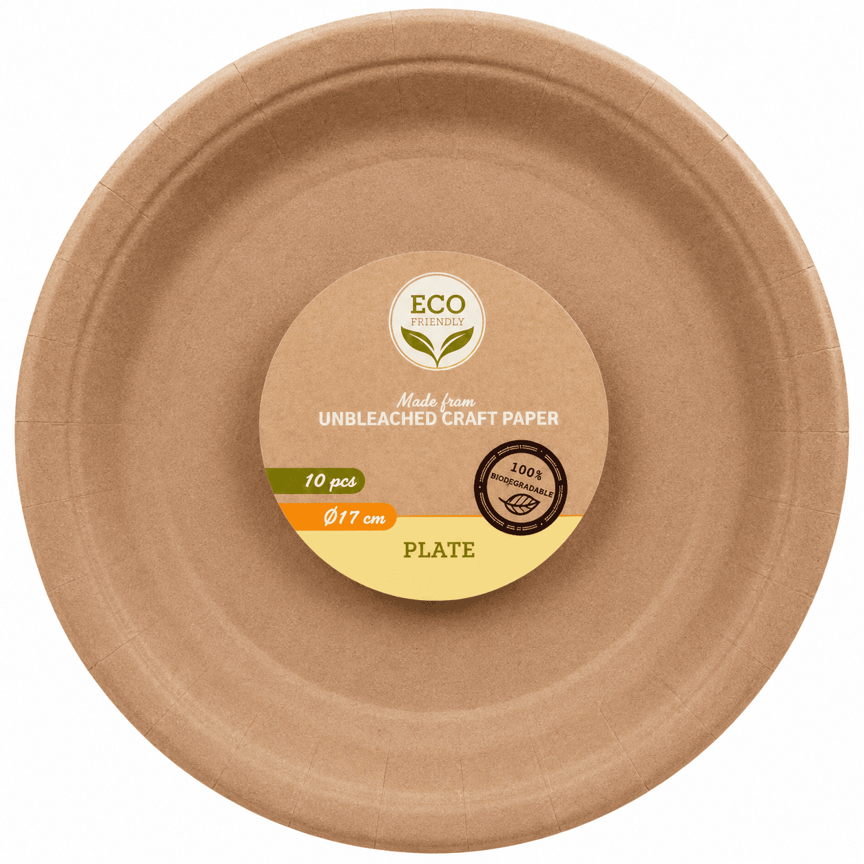 Eco‑friendly round brown plate with biodegradable and compostable label.