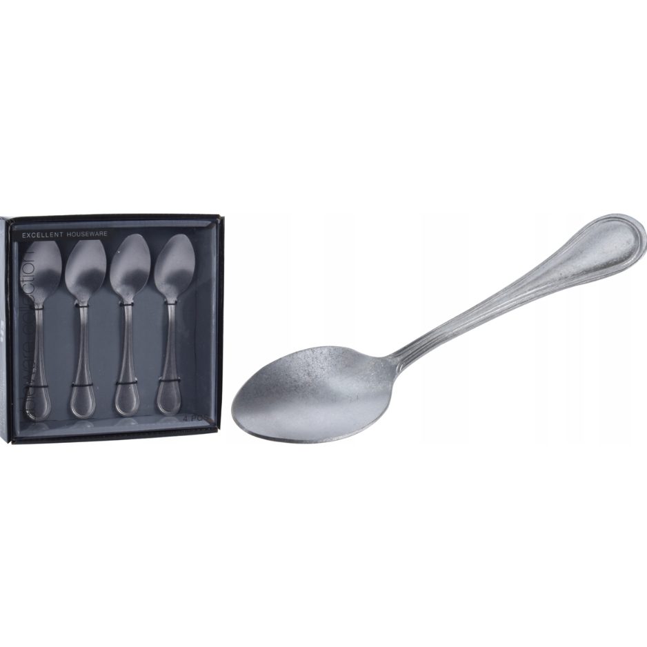 Boxed set of four stainless steel spoons with one spoon displayed outside the box.