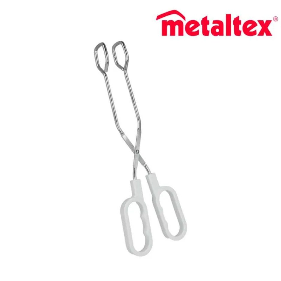 Stainless steel BBQ tongs holding grilled meat