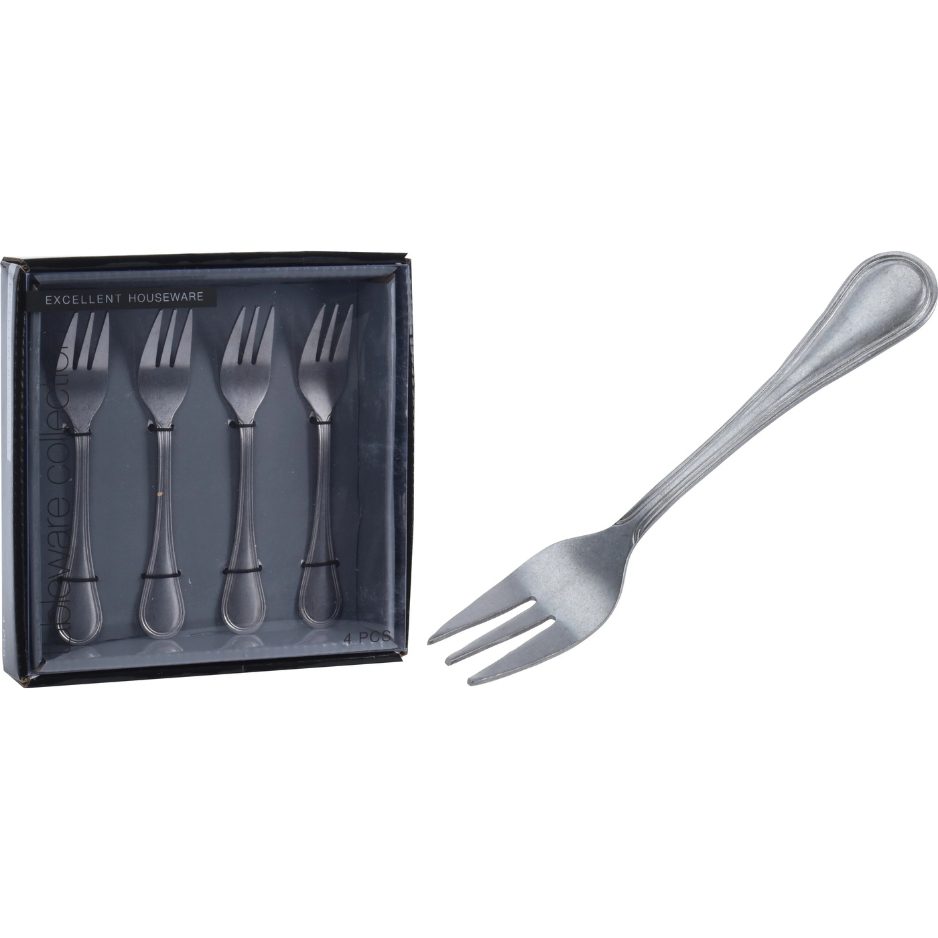 Boxed fork set displayed beside a single stainless steel fork on white background.