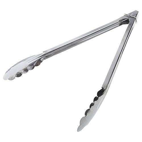 Stainless steel tongs with reinforced hinge and scalloped tips.